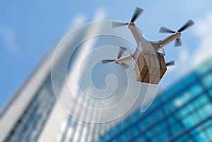 3D rendered illustration of flying drone delivering a package