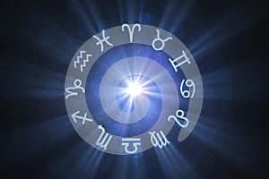 3D rendered illustration of glowing astrology zodiac signs on starry dark background