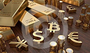 3D rendered illustration of gold bars and golden currency symbols. Stock exchange and banking concept