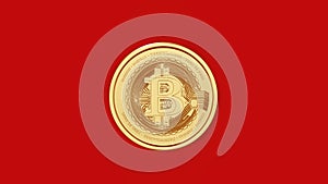 3D rendered illustration of a golden bitcoin on bright red background