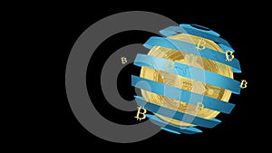 A 3d rendered illustration of a golden bitcoin cryptocurrency and textured blue globe on dark background