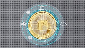 3D rendered illustration of a golden bitcoin with electronic banking and trading icons