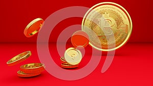 3D rendered illustration of a golden bitcoin and falling golden coins on  bright red background. C