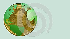 3D rendered illustration of a golden bitcoin inside a metallic green globe with continental land masses