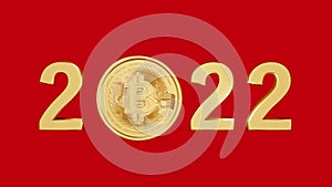 3D rendered illustration of a golden bitcoin and a number 2022