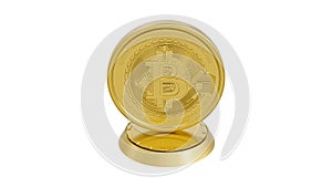 3D rendered illustration of a golden bitcoin on a round golden pedestal on white backgroound