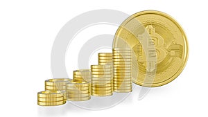 3D rendered illustration of a golden bitcoin and stacks of golder coins on white backgroound