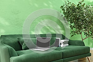 3d rendered illustration of a green sofa in a green sunlit living room