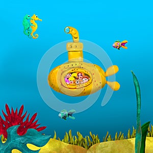 3d rendered illustration of happy family travel under sea