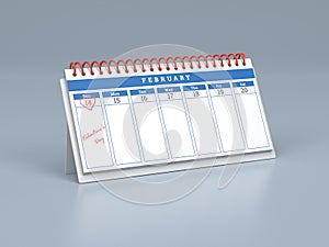 3D rendered illustration of isolated calendar showing marked date of Valentine`s day on reflective surface