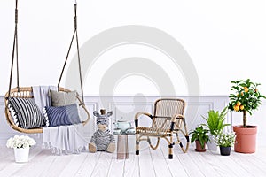 3d rendered illustration of a living room with hanging wicker swing.