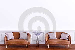 3d rendered illustration of a living room with white wall.