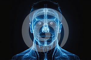 3d rendered illustration of a male head with x-ray image, Digital hologram CT scan and X-ray on a human face, presented on a dark