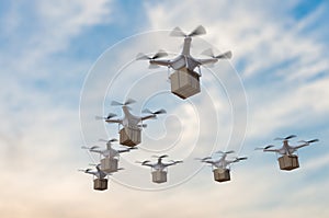 3D rendered illustration of many drones flying in the sky and delivering packages