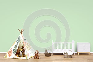 3d rendered illustration of a nursery room with toy animals.