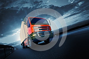 3d rendered illustration of orange semi truck on asphalt road