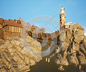 A 3d rendered illustration of a pirate town build on a rocky island.