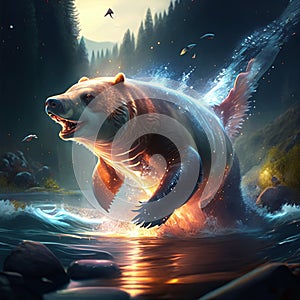 3D rendered illustration of a polar bear swimming in the water. Generative AI