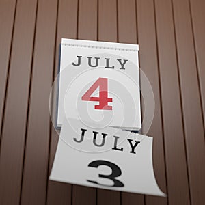 3D rendered illustration of realistic wall calendar turning to 4th of july previous sheet falling down