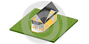 3D rendered illustration of a tiny home on a square grassy plot of land or yard. Isolated over white.