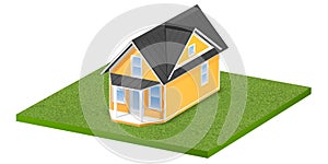3D rendered illustration of a tiny home on a square grassy plot of land or yard. Isolated over white.