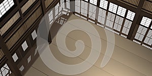 3d rendered illustration of a traditional karate dojo or school with training mat and rice paper windows.