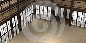 3d rendered illustration of a traditional karate dojo or school with training mat and rice paper windows.