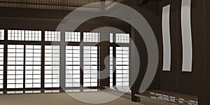 3d rendered illustration of a traditional karate dojo or school with training mat and rice paper windows.