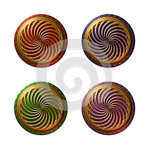 3D rendered illustrations of metallic golden spiral rosettes