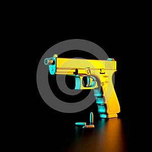 3d rendered image of a 9mm pistol and bullets
