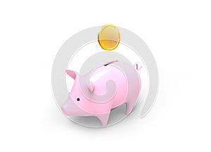 3D rendered image of Piggy bank savings with gold coin