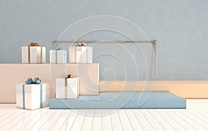 3d rendered interior with geometric shapes, podium on the floor and gift box. Set of platforms for product presentation, mock up