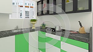 3D rendered kitchen compositions with white and lime colour shed
