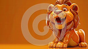 3D-rendered lion with a joyous expression on an orange background.