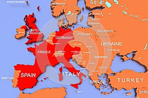 3D rendered map of COVID-19 virus in Eurpe, UK, Germany, France, Spain, Italy and Austria