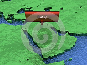 3D rendered map of Iraq with a red sticker