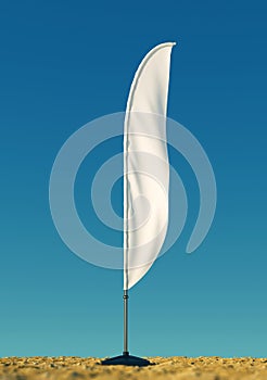 3d rendered mockup blank template of white empty beach flags against a clear sky background. flags for events, parties.