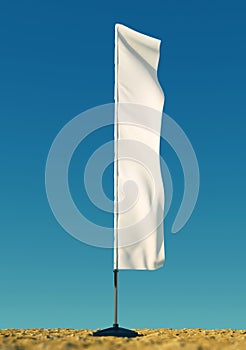 3d rendered mockup blank template of white empty beach flags against a clear sky background. flags for events, parties.