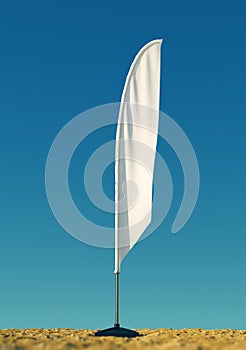 3d rendered mockup blank template of white empty beach flags against a clear sky background. flags for events, parties.