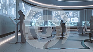 3D rendered, modern, futuristic command center interior with people