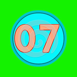 3d rendered number 07 isolated on green screen background. Number for countdown.