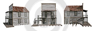 3D rendered old wooden western houses isolated on a white background