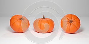 3D rendered of photo realistic pumpkins isolated on white background. 3D generated of three angel views pumpkin.