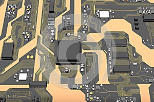 3D Rendered printed circuit board with cpu chipset processor electronic element