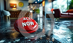 A 3D rendered red button with the words ACT NOW symbolizes urgency, immediate action, response, and the importance of taking