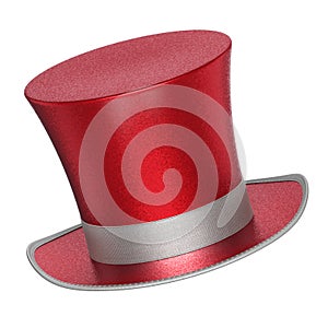 3D rendered red decoration top hat with silver ribbon