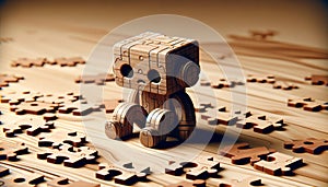 3D-Rendered Robot Surrounded by Jigsaw Puzzle Pieces