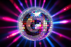 3D rendered shiny disco ball against vibrant neon light backdrop