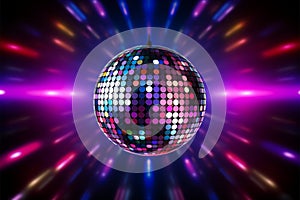 3D rendered shiny disco ball against vibrant neon light backdrop