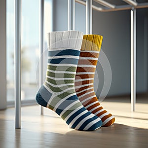 3d Rendered Socks: Striped, Blue And Amber, Vray Tracing